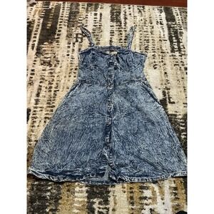 Vtg 90s Bongo Acid Wash Jean Medium Stretch Dress Summer Spagetti Strap Buttons
